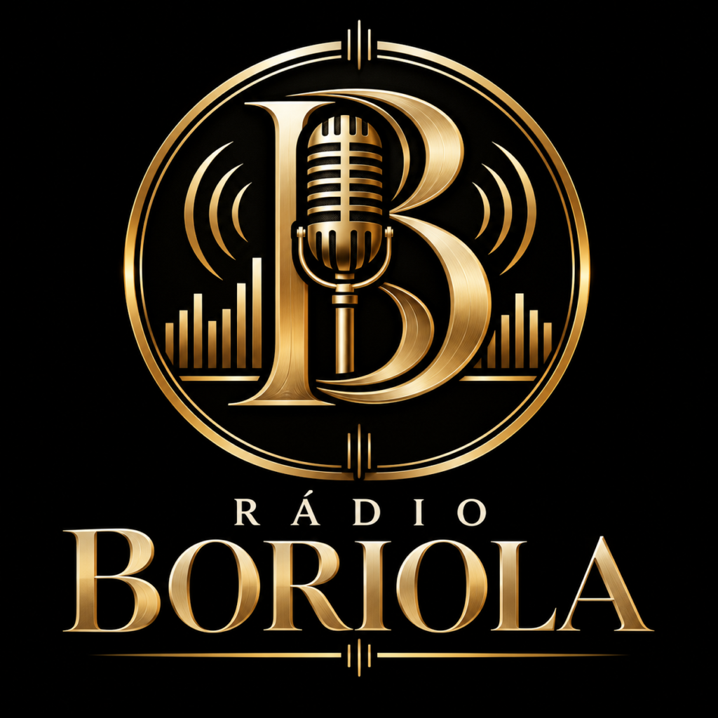 Rádio Boriola — logo dourada com microfone